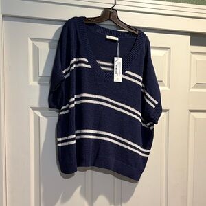 Women's Navy V-Neck Short Sleeve Striped Sweater
